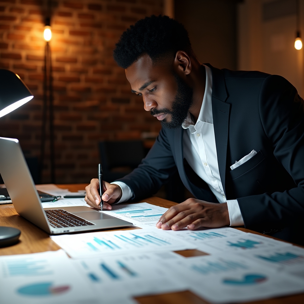 Professionista che analizza fogli di calcolo e grafici alla scrivania