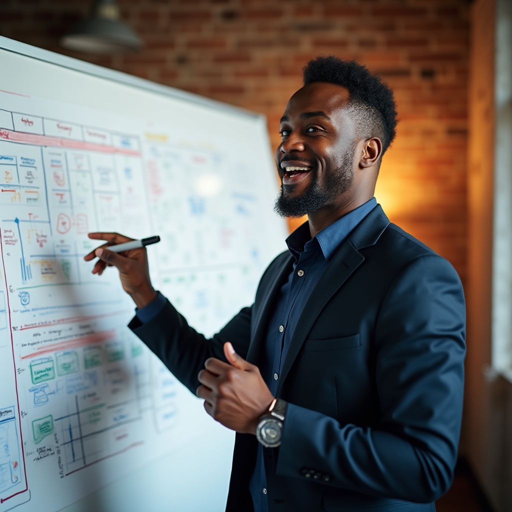 Professionista che pianifica un progetto su lavagna con post-it e diagrammi di flusso in ufficio industriale