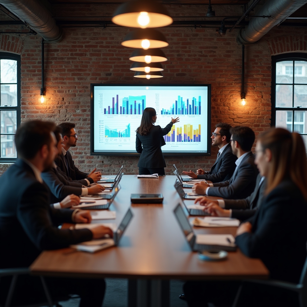 Sessione strategica con analisi dati su grande schermo in sala riunioni