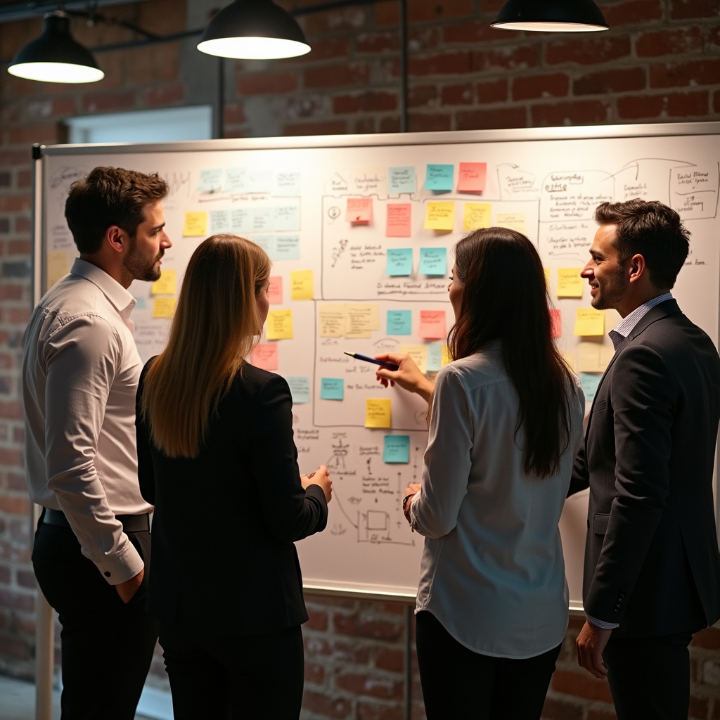 Workshop di gruppo con lavagna e post-it in ufficio industriale